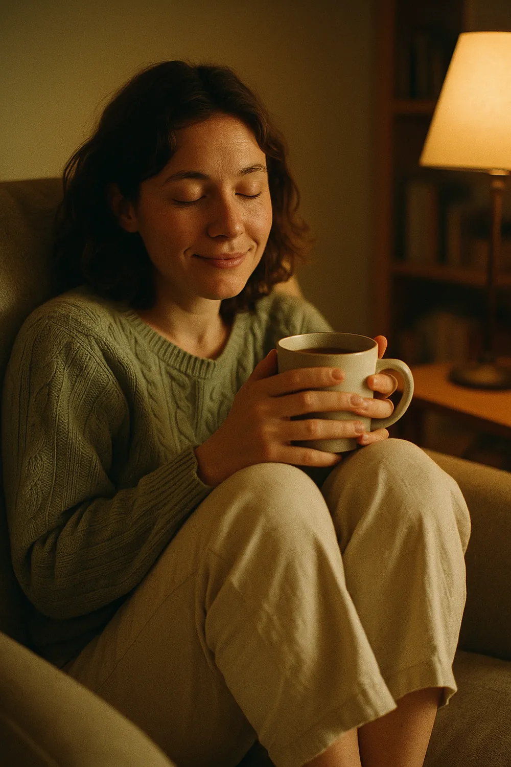 A woman wrapped in a blanket by warm lamplight